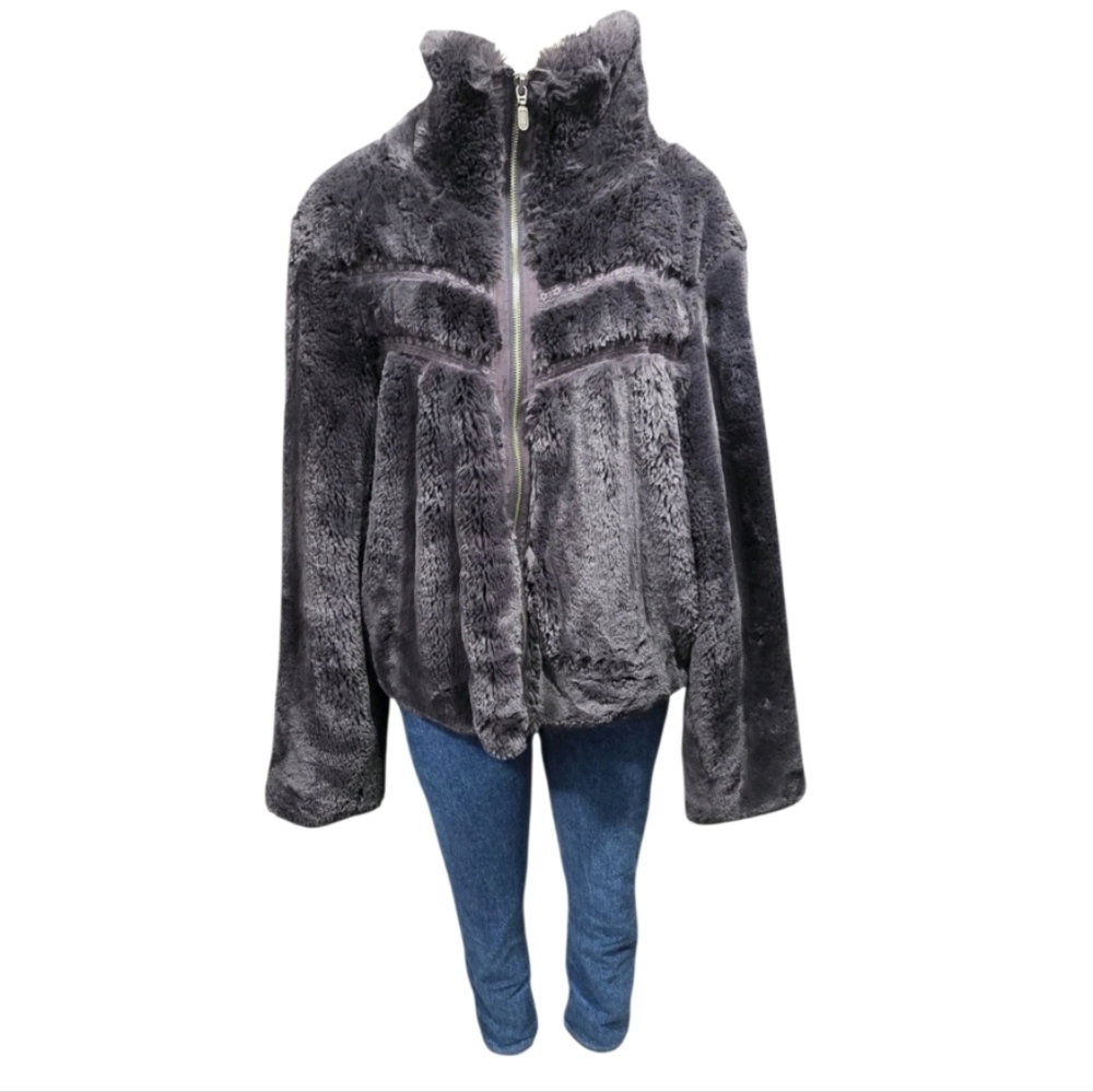 Anthropologie Cropped Faux Fur Coat Dark Gray Lace Accent